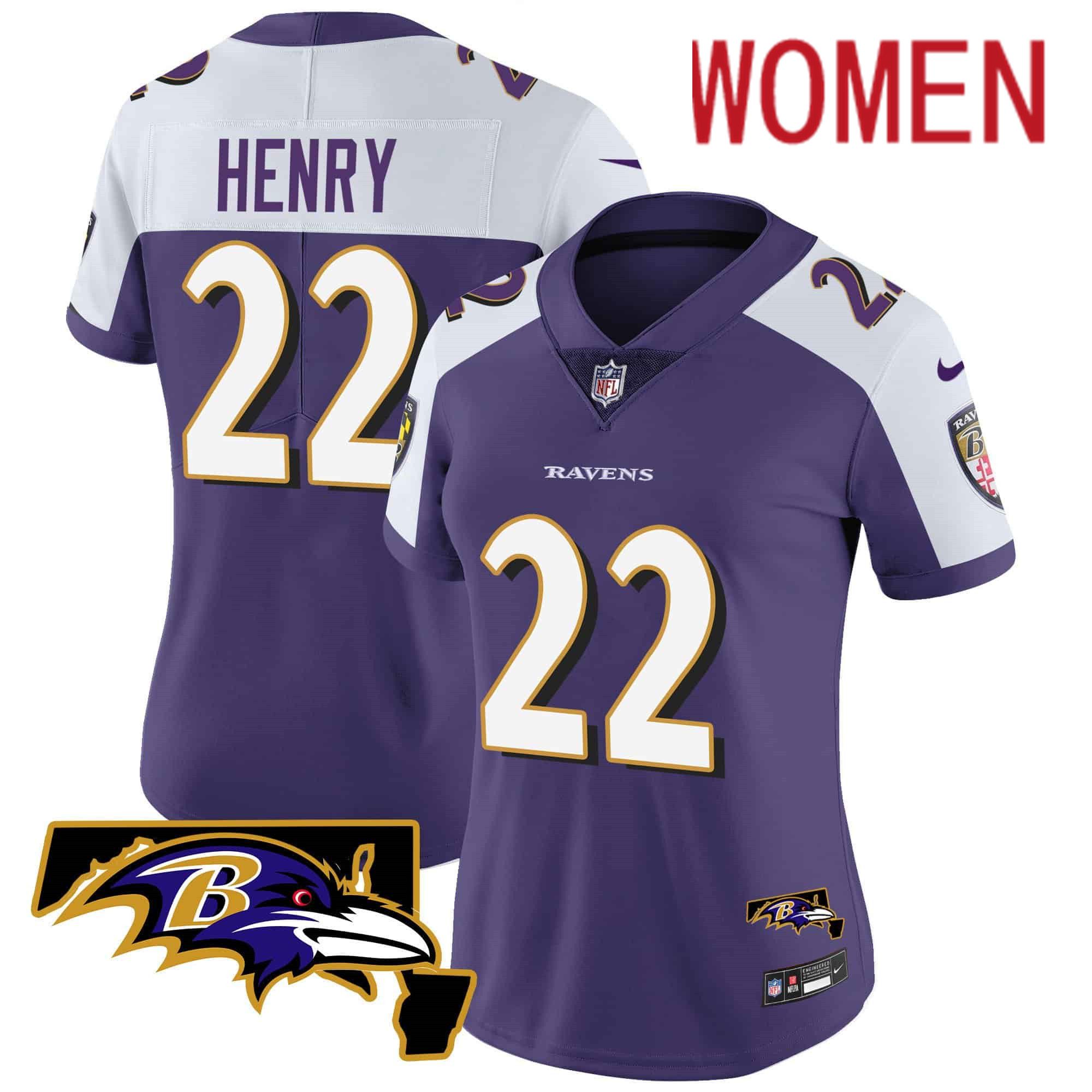 Women Baltimore Ravens #22 Henry Purple 2024 Nike Maryland Patch Vapor Limited NFL Jersey